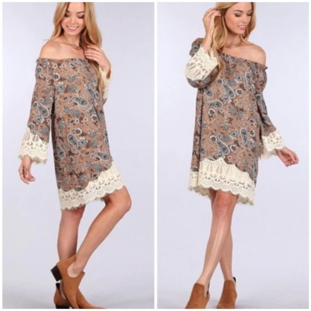 Anthropologie S Blu Pepper Brown Paisley Lace Trim Off The Shoulder Mini Dress